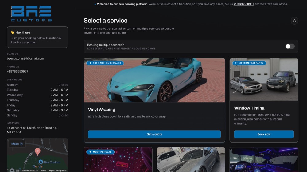 BAE Customs' booking site, in its blue, open on its service menu