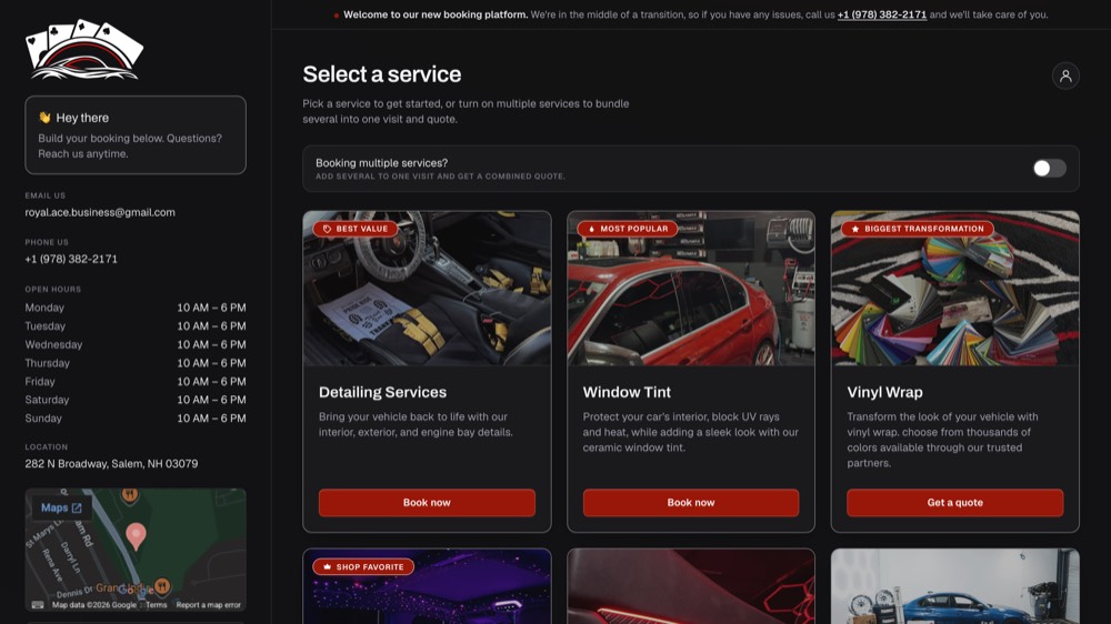 Royal Ace Customs' booking site, in its red, open on its service menu