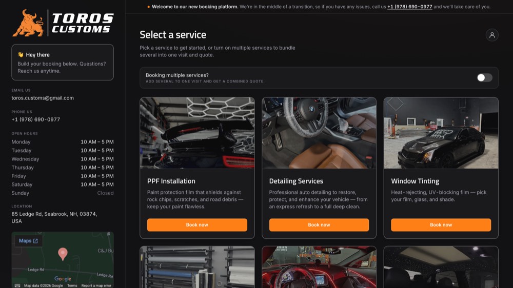Toros Customs' booking site, in its orange, open on its service menu