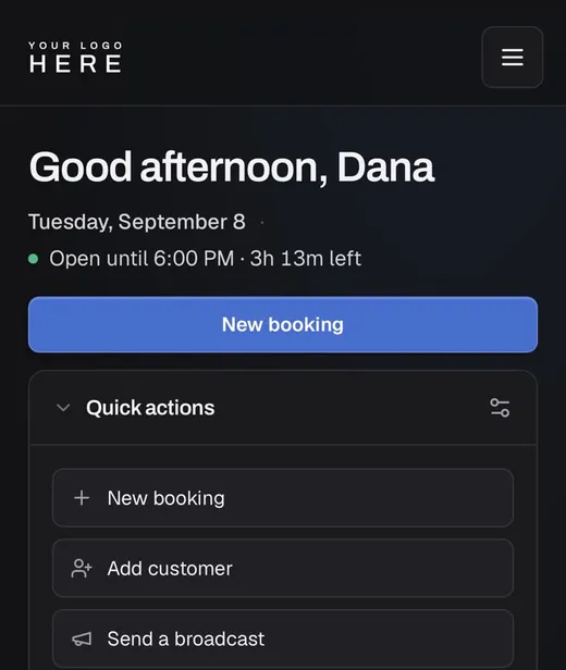 The demo shop's dashboard on a phone: today's schedule and quick actions