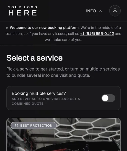 The demo shop's booking site on a phone: pick a service