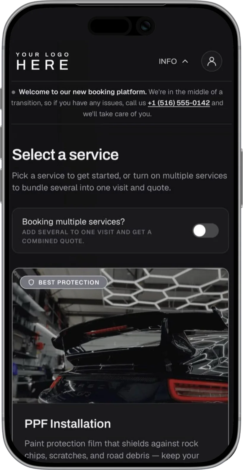 A shop's booking site on an iPhone, open on its service menu
